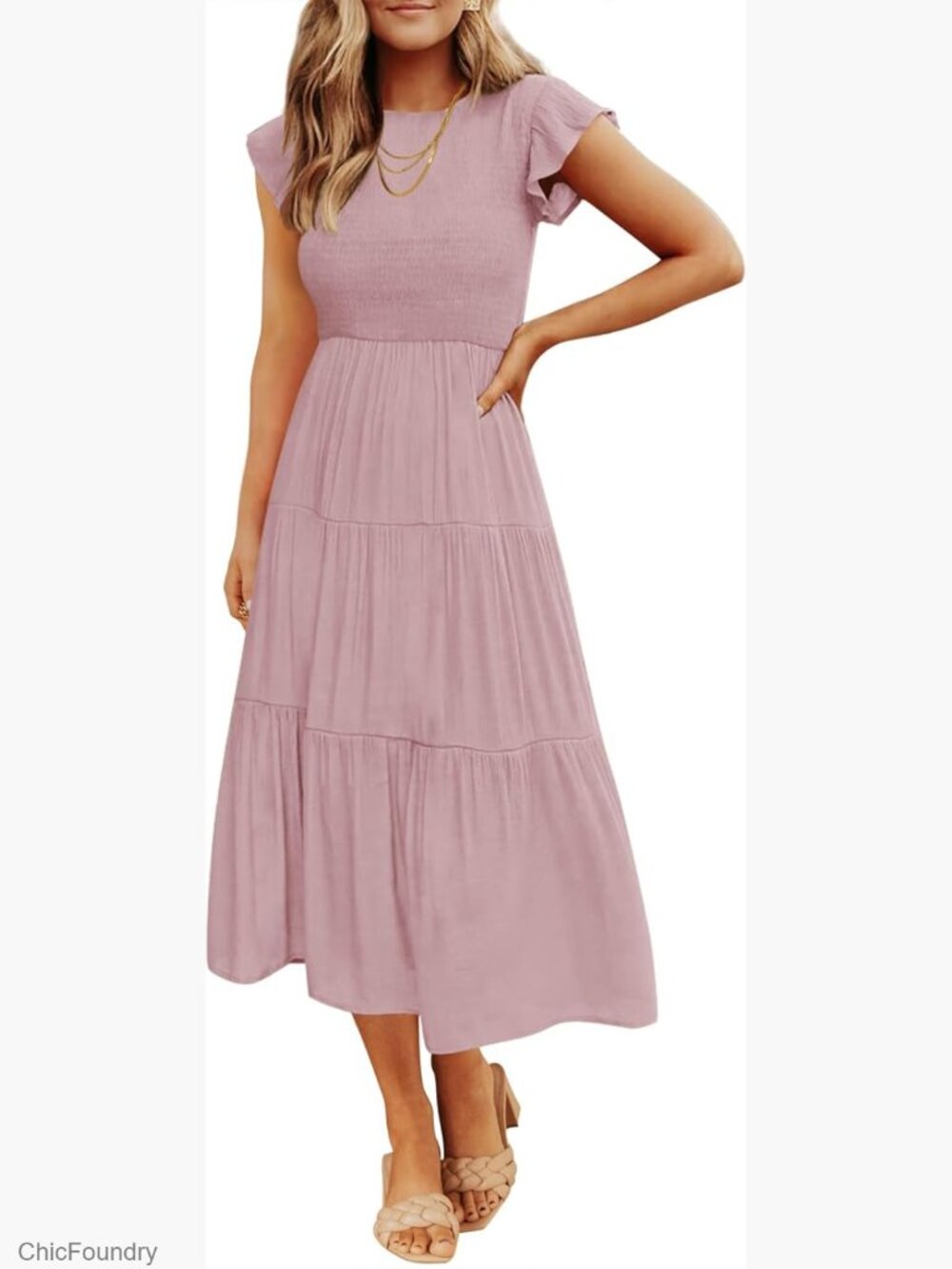 Flutter Short Sleeve Smocked Elastic Waist Tiered Midi Dress